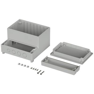 Grey, rectangular enclosure with removable lids and screws, shows disassembled electronic component.