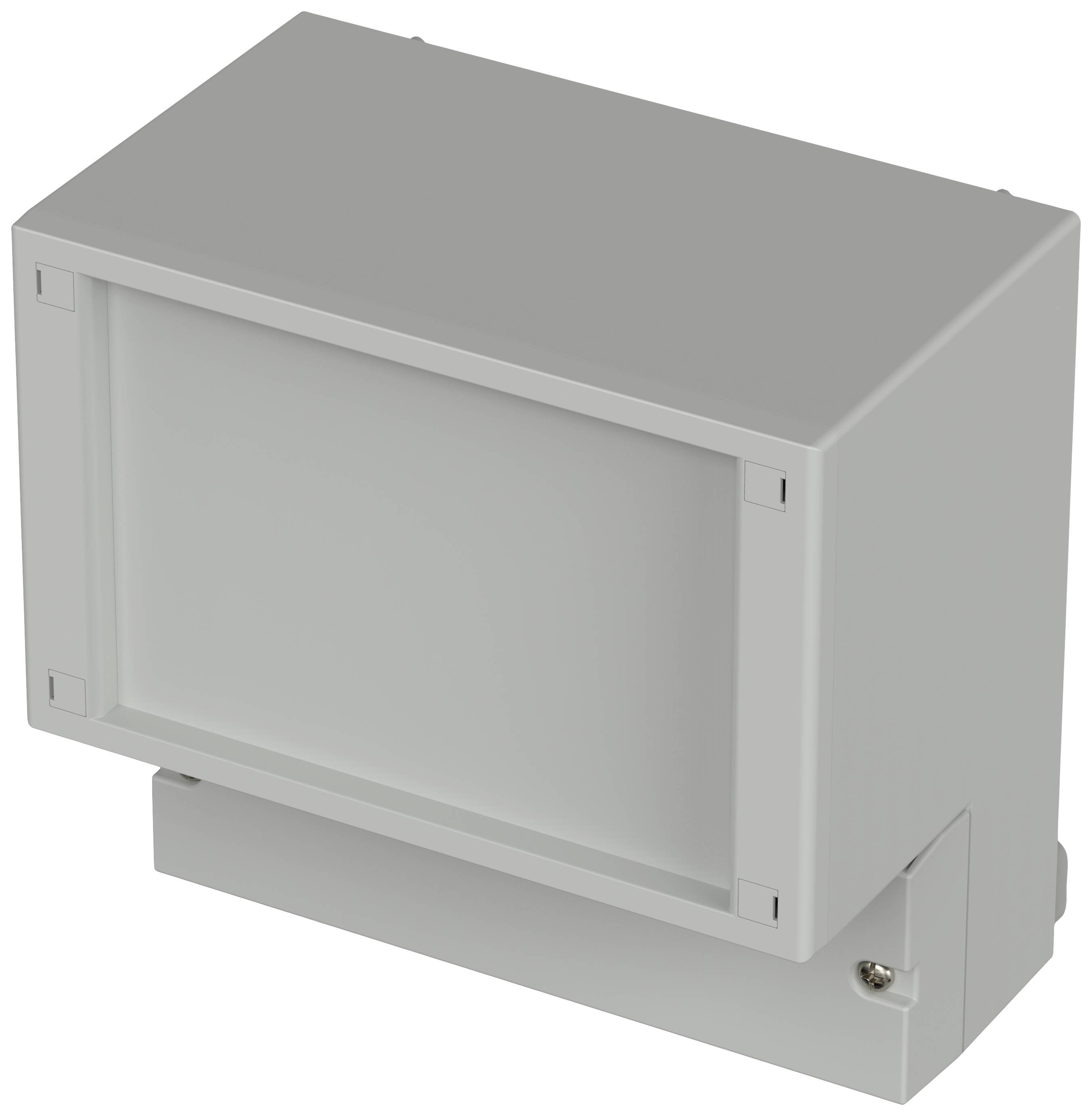 A rectangular grey enclosure with a removable lid, suitable for wall mounting, commonly used for electronic components.