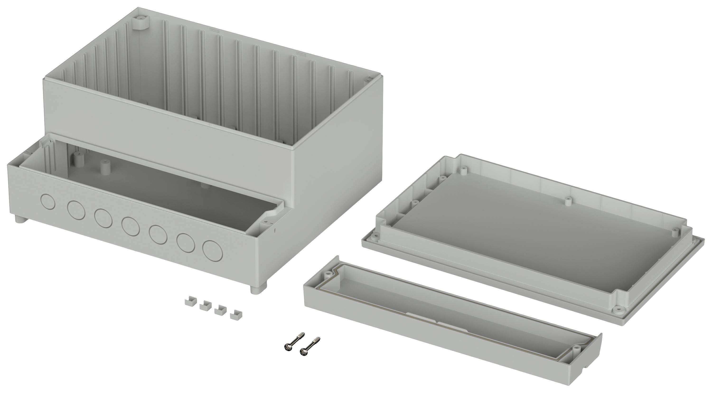 Electronic enclosure in individual parts: main housing, removable lid, screws and side panel, ready for assembly.