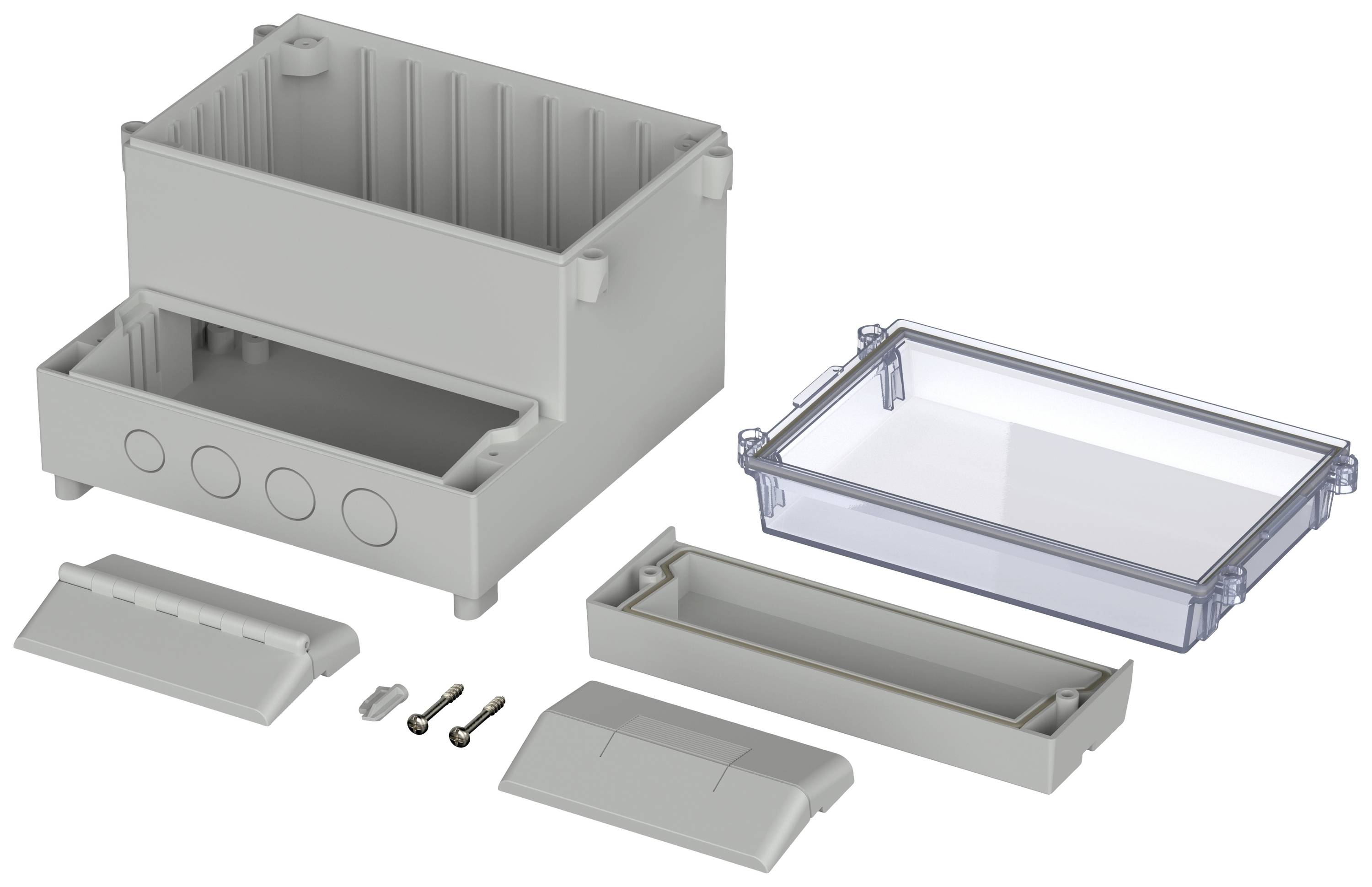 A rectangular grey enclosure with removable parts, screws, and a transparent cover, disassembled and laid out in sequence.