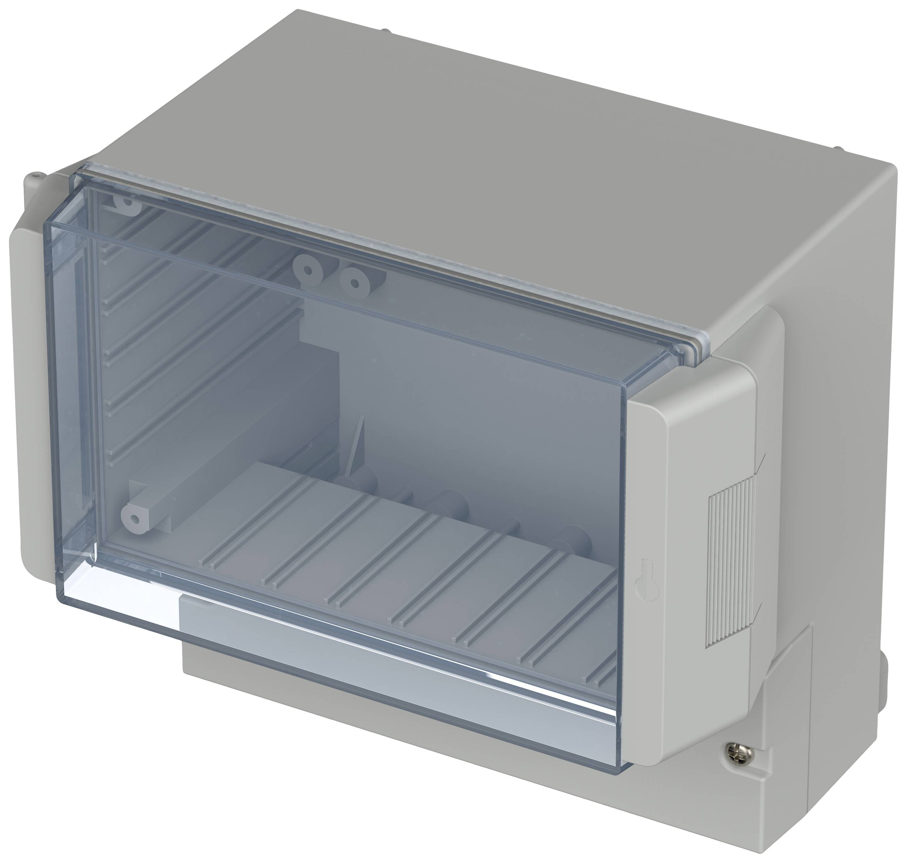 Grey enclosure with transparent front flap, suitable for electrical installations. Back panel features grooves for cable routing.