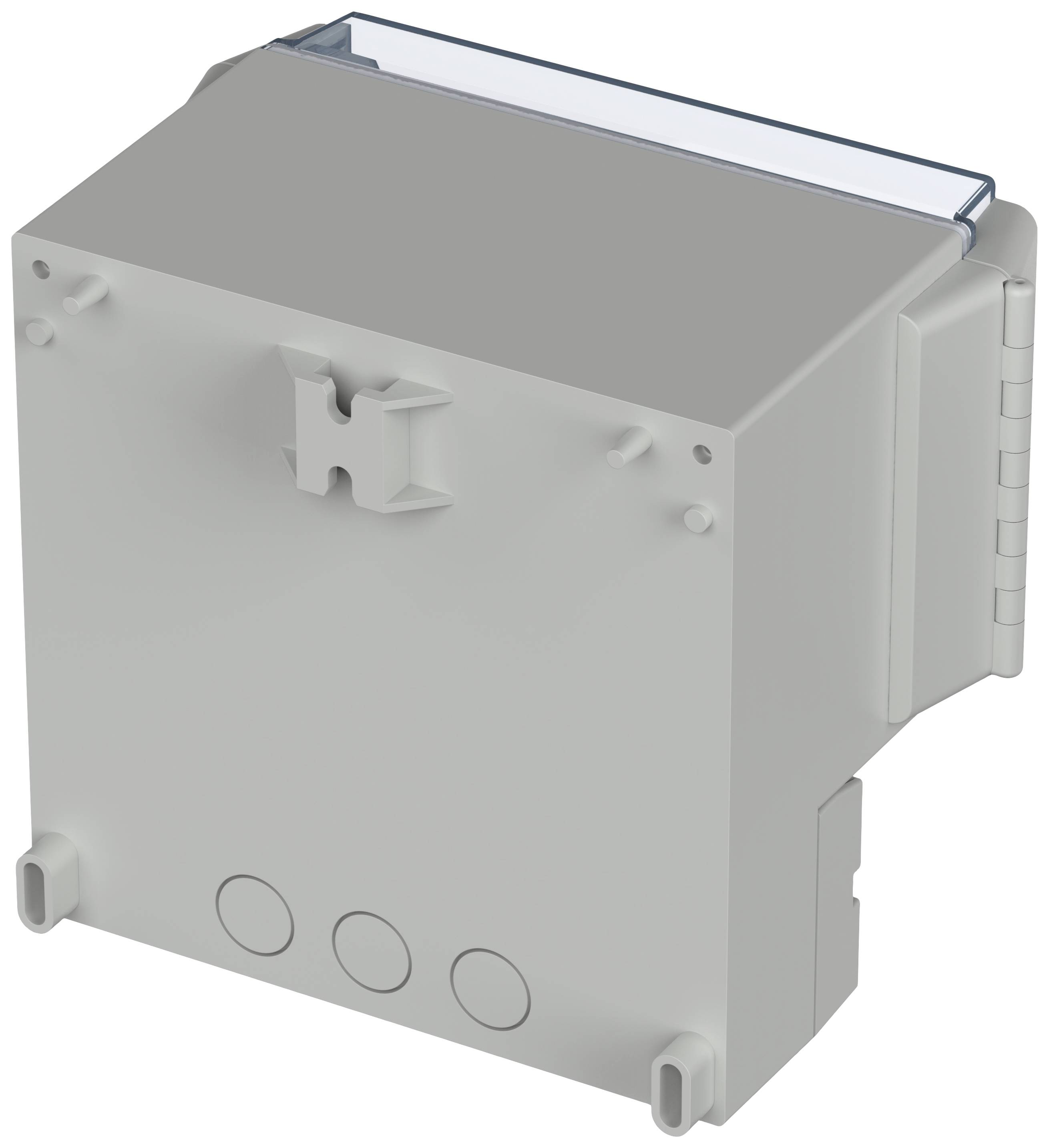 Grey marled plastic container with clear lid and two side clips, suitable for electrical engineering applications.