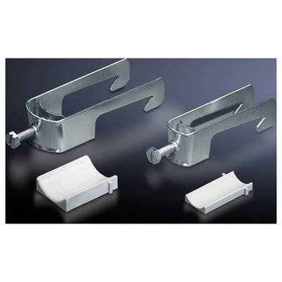 Two metal clips of different sizes with screws and two white plastic covers, presented against a dark background.