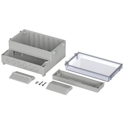 Grey, rectangular enclosure set with removable covers and mounting parts, suitable for electronic applications.
