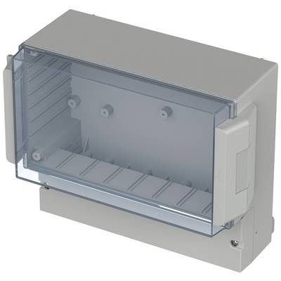 A grey, rectangular plastic enclosure with a transparent cover and multiple mounting points, for use in electronic installations.