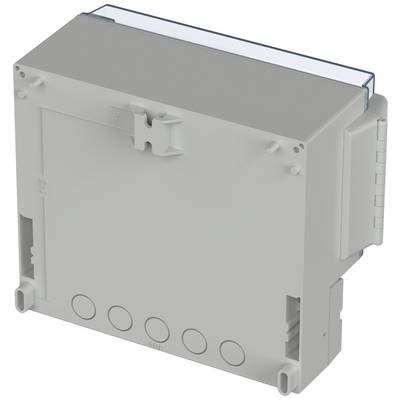 A grey electrical enclosure with a removable lid, mountable on DIN rail, suitable for wiring in control panels.