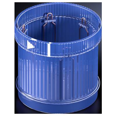 A blue transparent cylindrical structure with copper cables and fixings, illuminated by a light source from above.