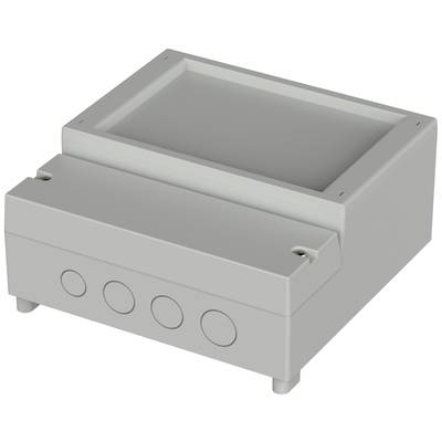 Rectangular, grey plastic enclosure with multiple round cutouts on the side. Suitable for mounting and protecting electrical components.<br><br>Note: The translation was already in British English, so no significant changes were required.