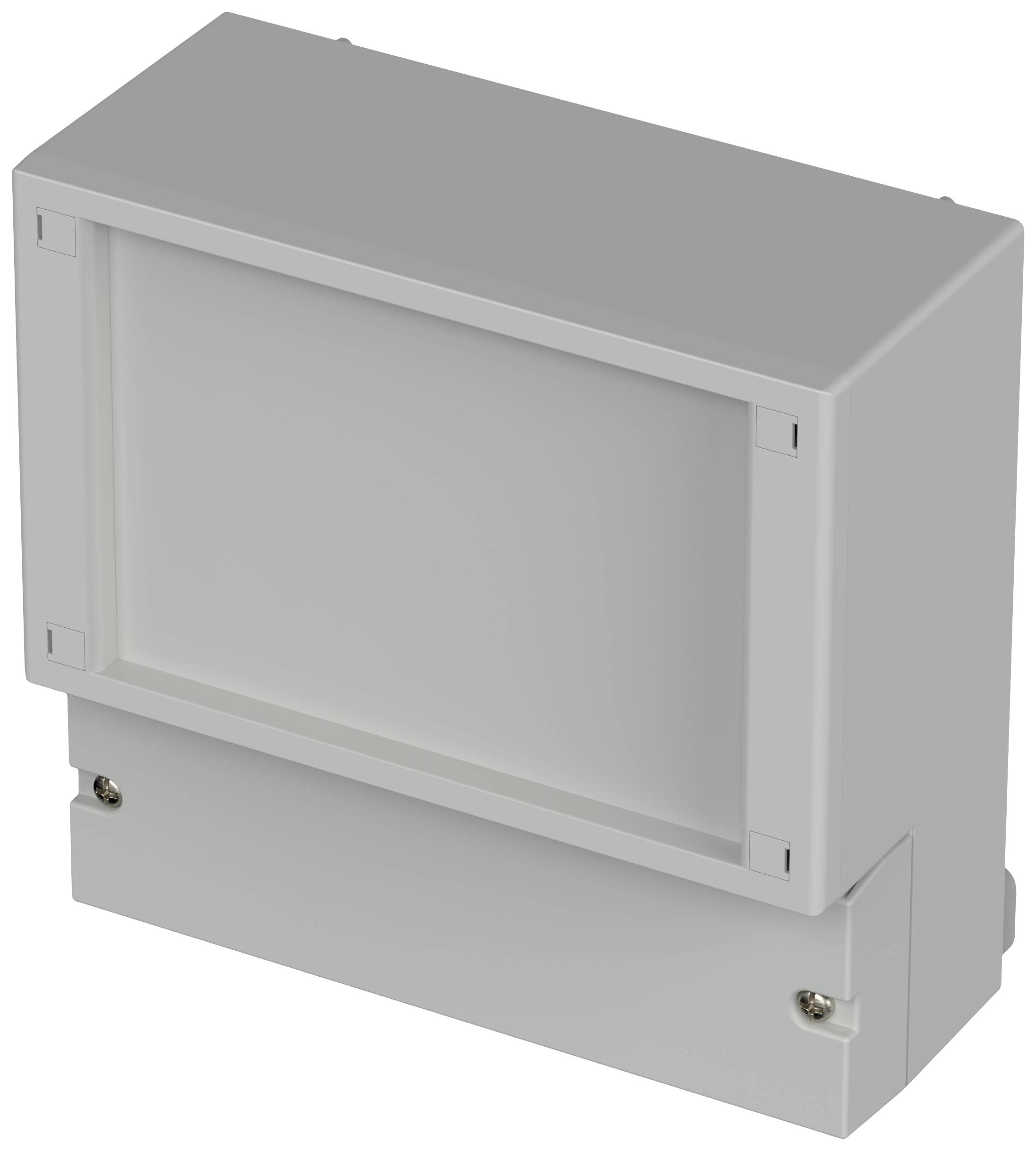 Grey rectangular enclosure with a closed front, suitable for use in electronics or electrical circuits.