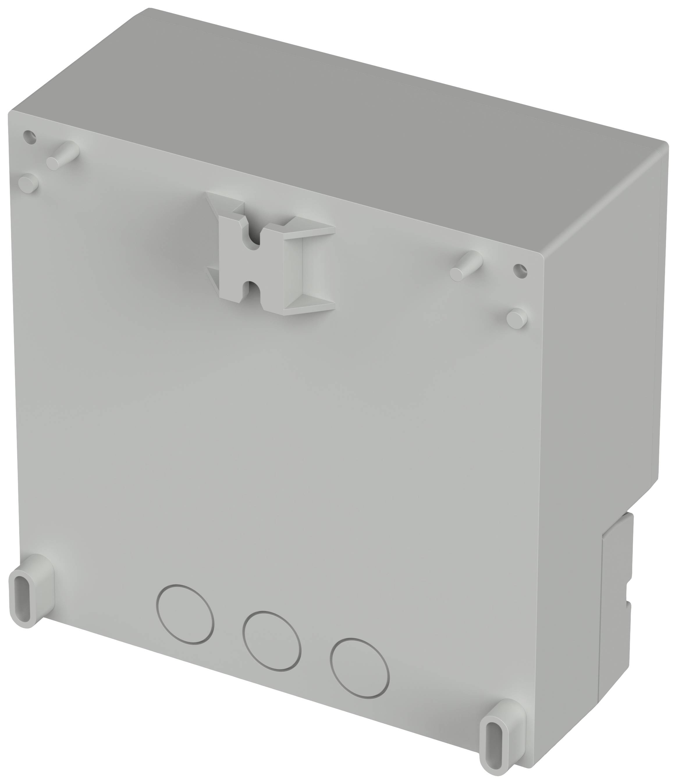 Grey electrical enclosure with a rectangular shape, mounting brackets on the sides and three round openings on one side.