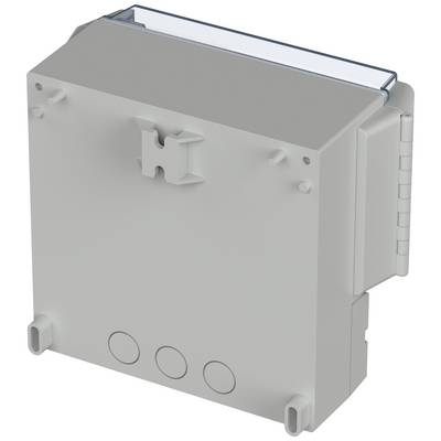 A rectangular, grey enclosure with mountable points and a recessed lid; used for electrical components.