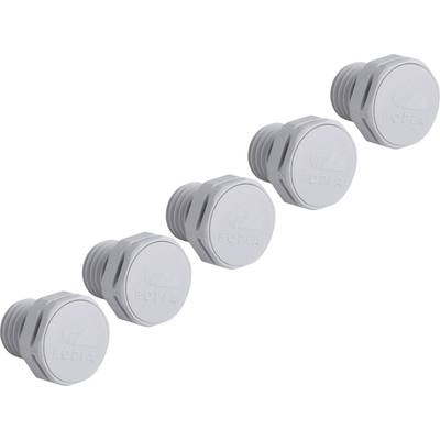 Five white plastic hexagonal stoppers lying side by side.