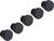Five black, round plastic end caps, placed side by side on a white background. They are designed to cover and seal openings.