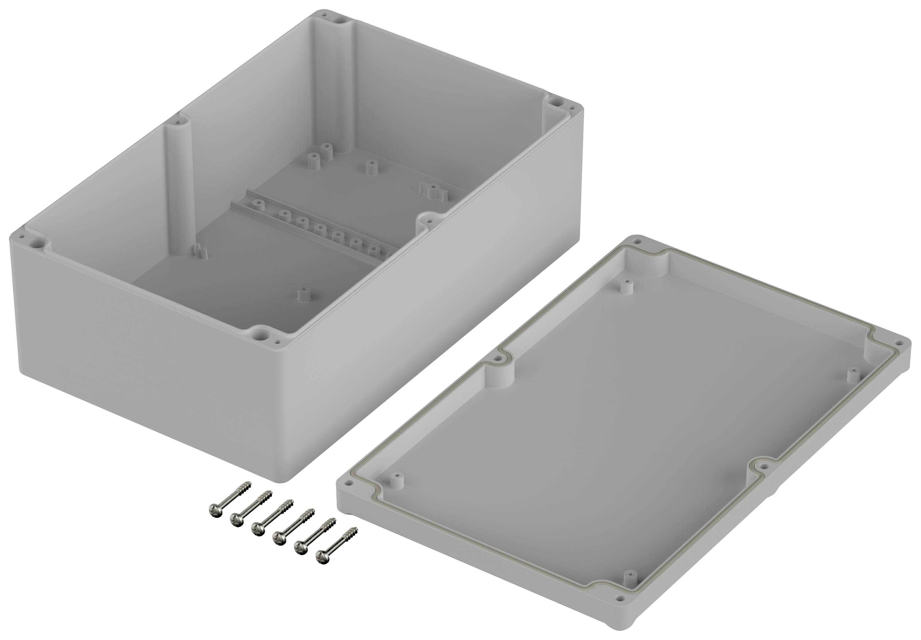 Plastic casing with removed cover and six screws that can be used for assembly.