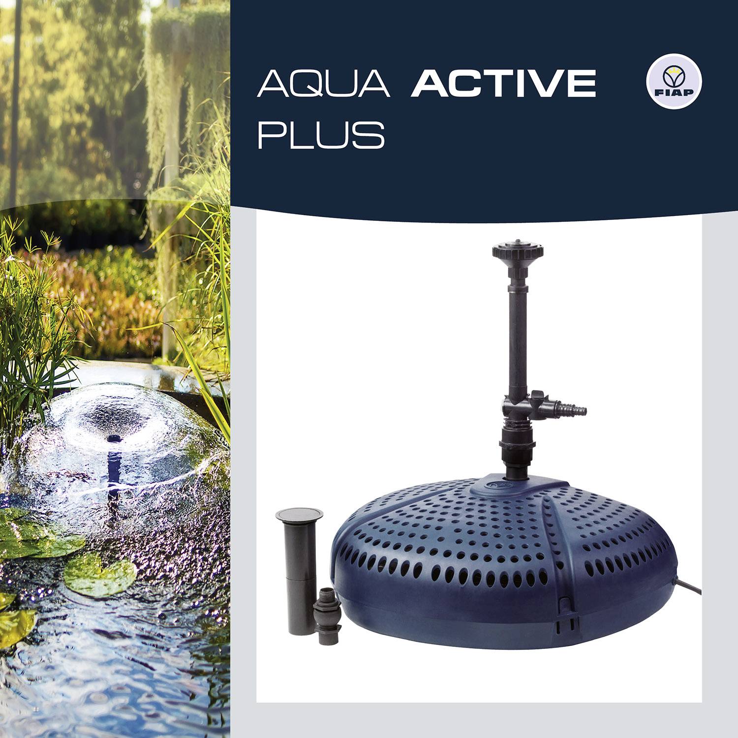 A garden view with a round, blue pond aerator in the foreground. Logo and text: 'AQUA ACTIVE PLUS'.