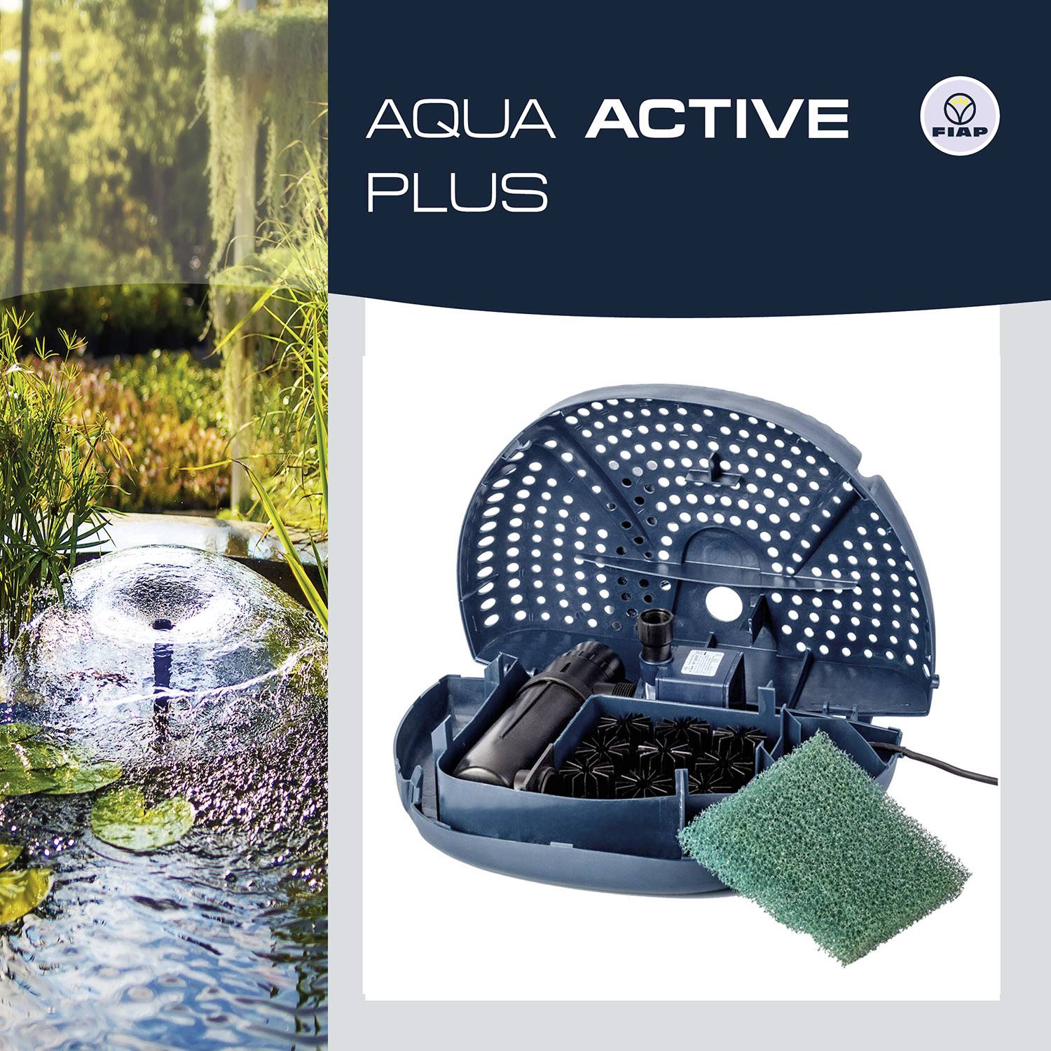 Pump and Accessories for Garden Ponds. On the left, water bubbles in the pond, on the right a detail of the pump and sponge-like filter.
