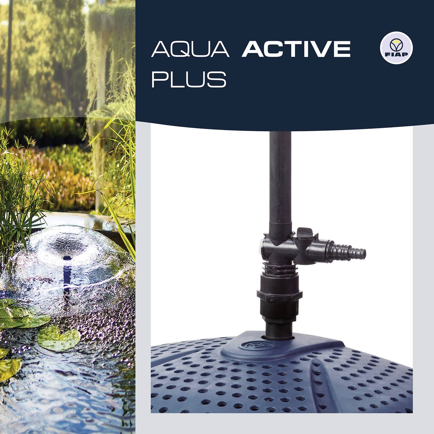 'Close-up of a Fiap Aqua Active Plus pond filter with plants in the background. Image of the product showcasing its distinctive design.'