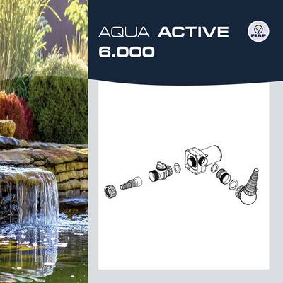 In the image, a waterfall installation can be seen with flowers in the background. Alongside it, individual components of a pumping system are depicted.