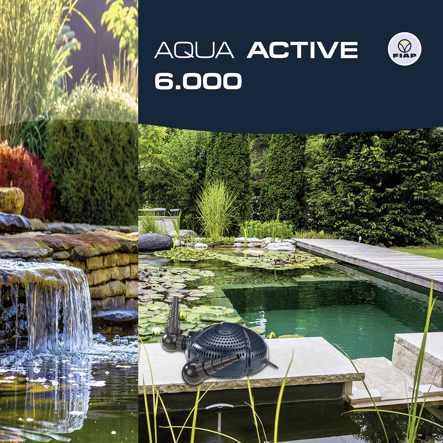 The image depicts a garden with a pond and a pump of the brand 'Aqua Active 6,000'. A wooden platform leads to the water.