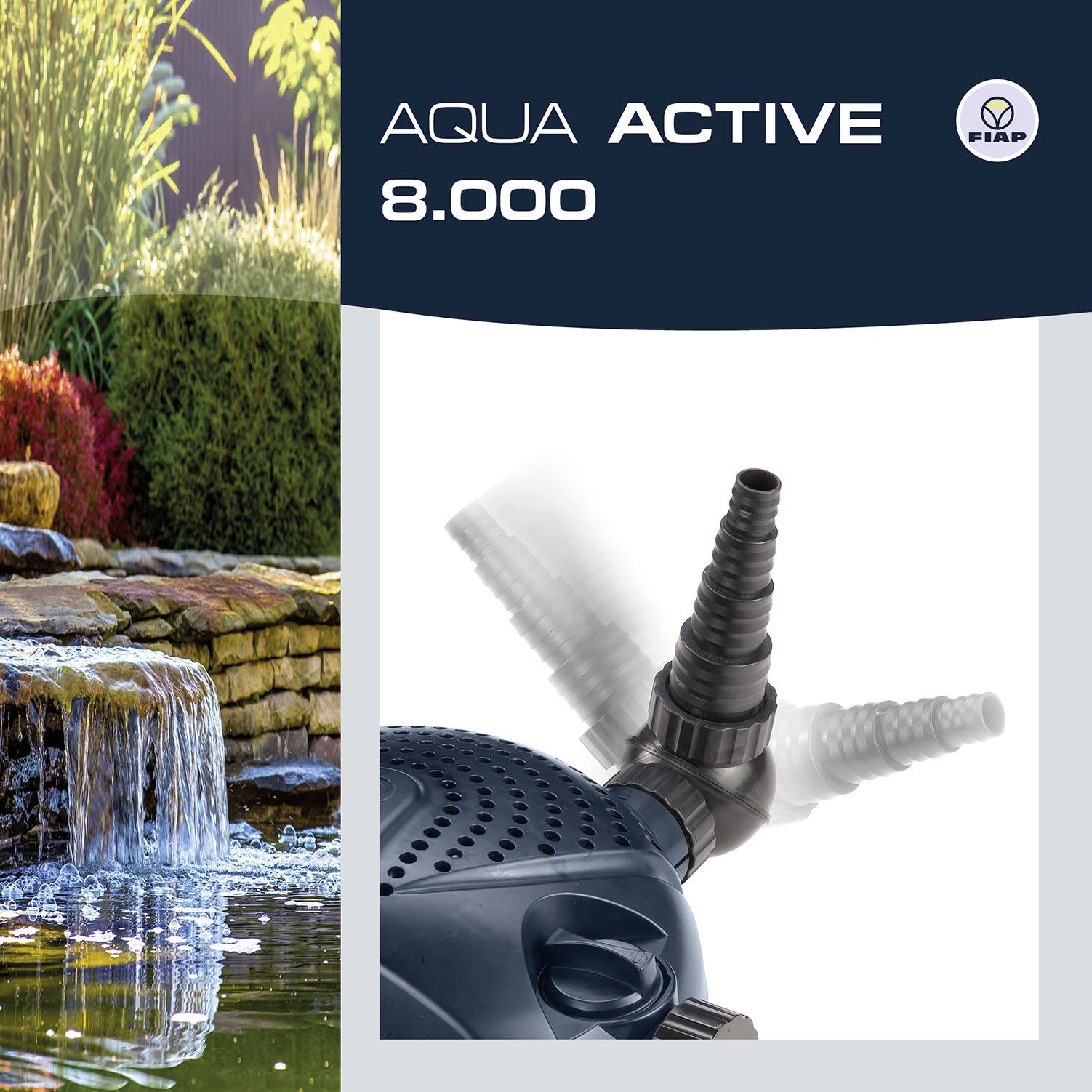 A pond pump labelled 'Aqua Active 8,000', shows water movement beside plants and a waterfall.