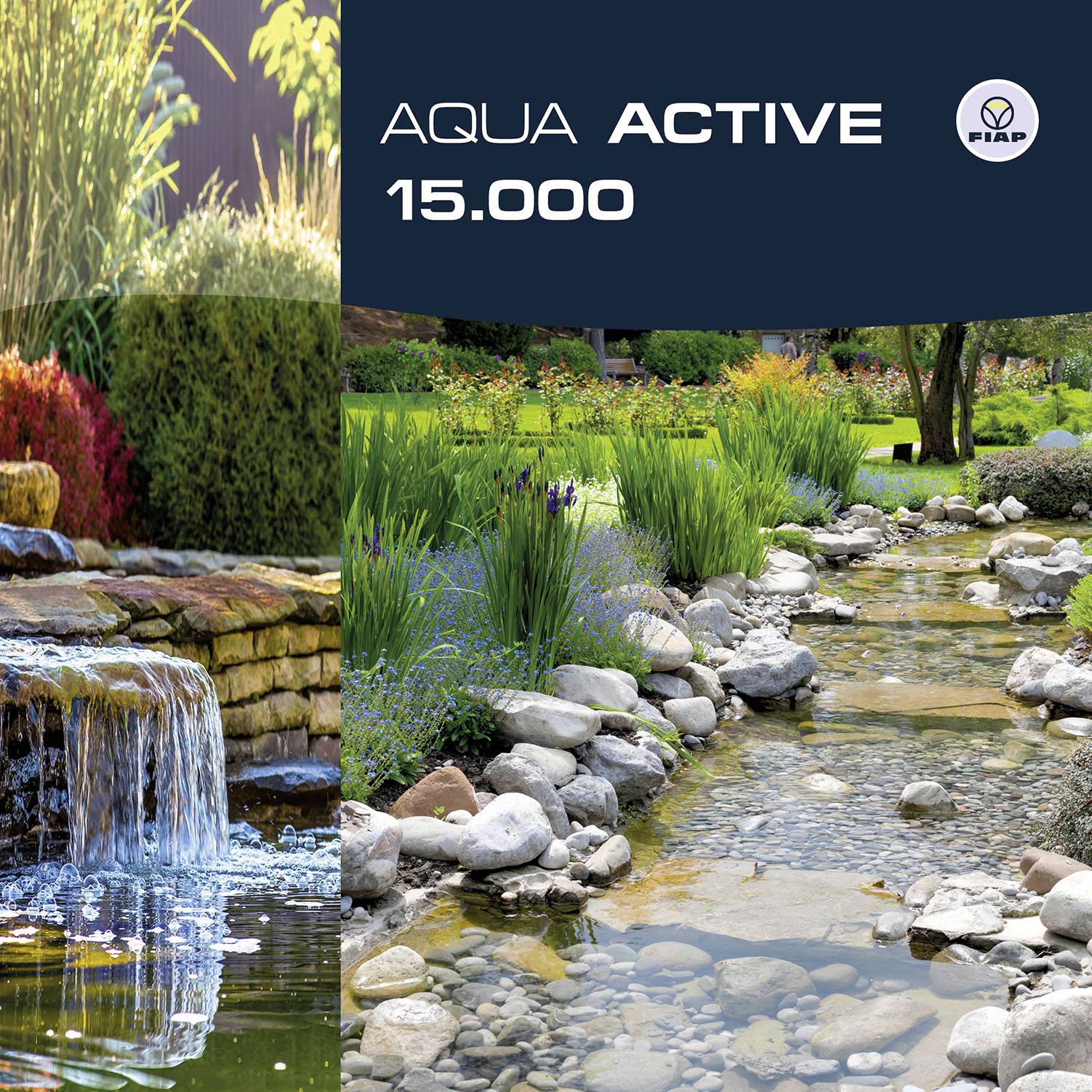'Aqua Active 15,000' is written in white text on a blue background. The image shows a stream with a waterfall and garden landscape.