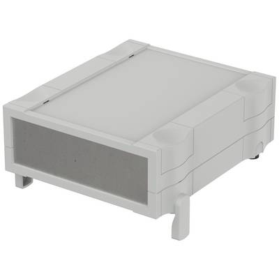 Electronic device box made of grey plastic, rectangular with rounded corners and ventilation slots on the top surface.