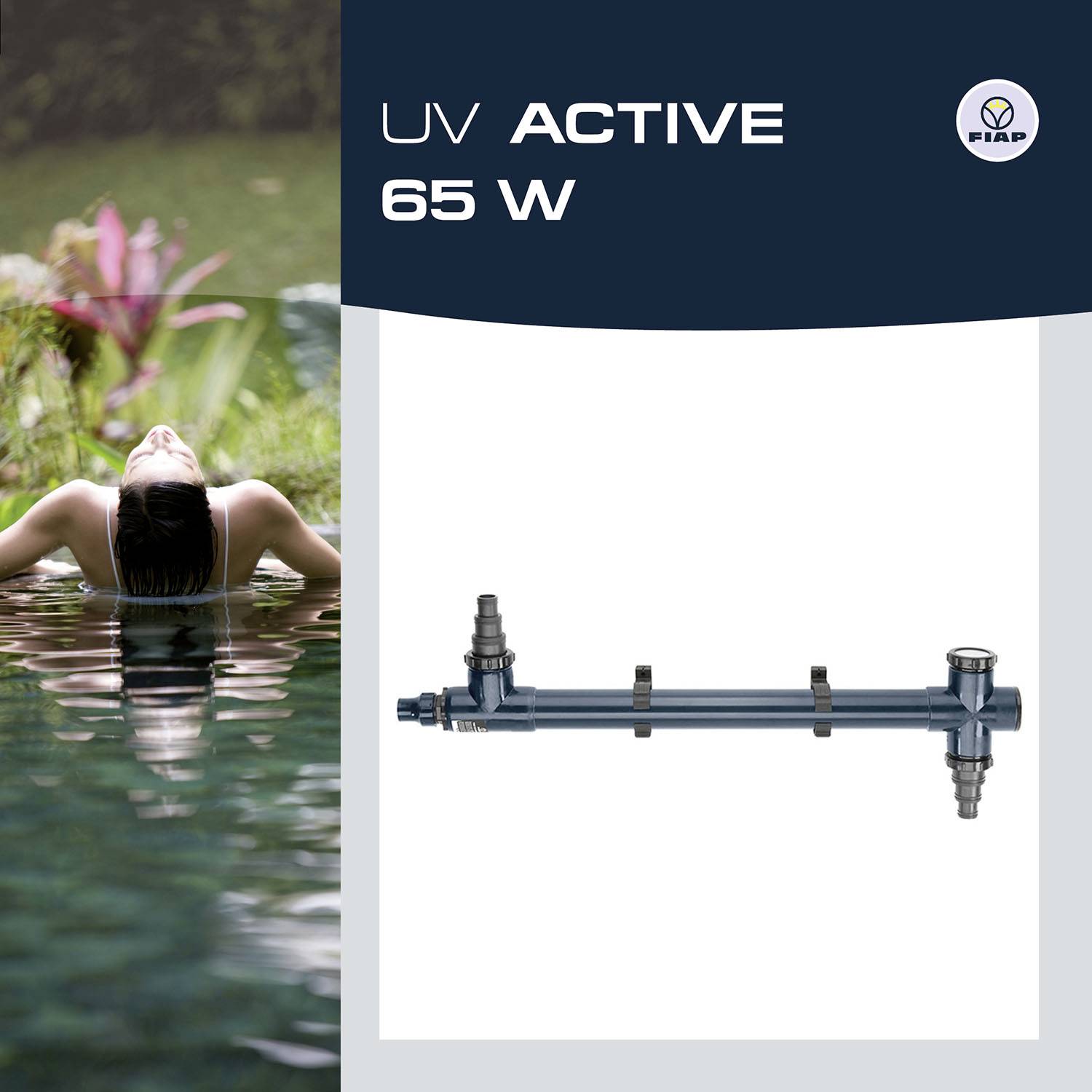 The image shows the 'UV Active 65 W' FIAP UV water purifier, a device for water treatment. To the left, a person is relaxing in a pond.