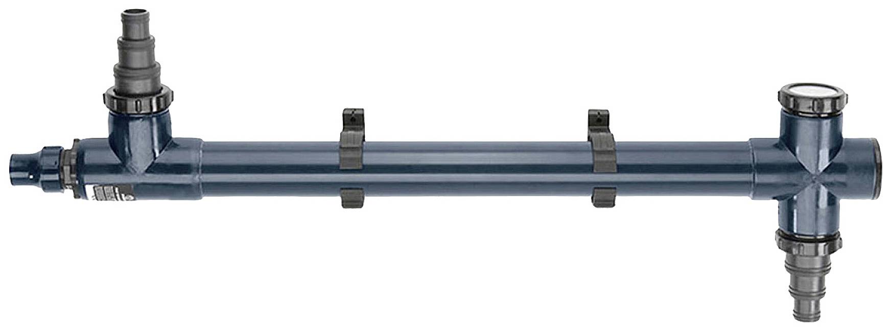 Long, blue pipe with connections at both ends and several mounting brackets along the length of the pipe.