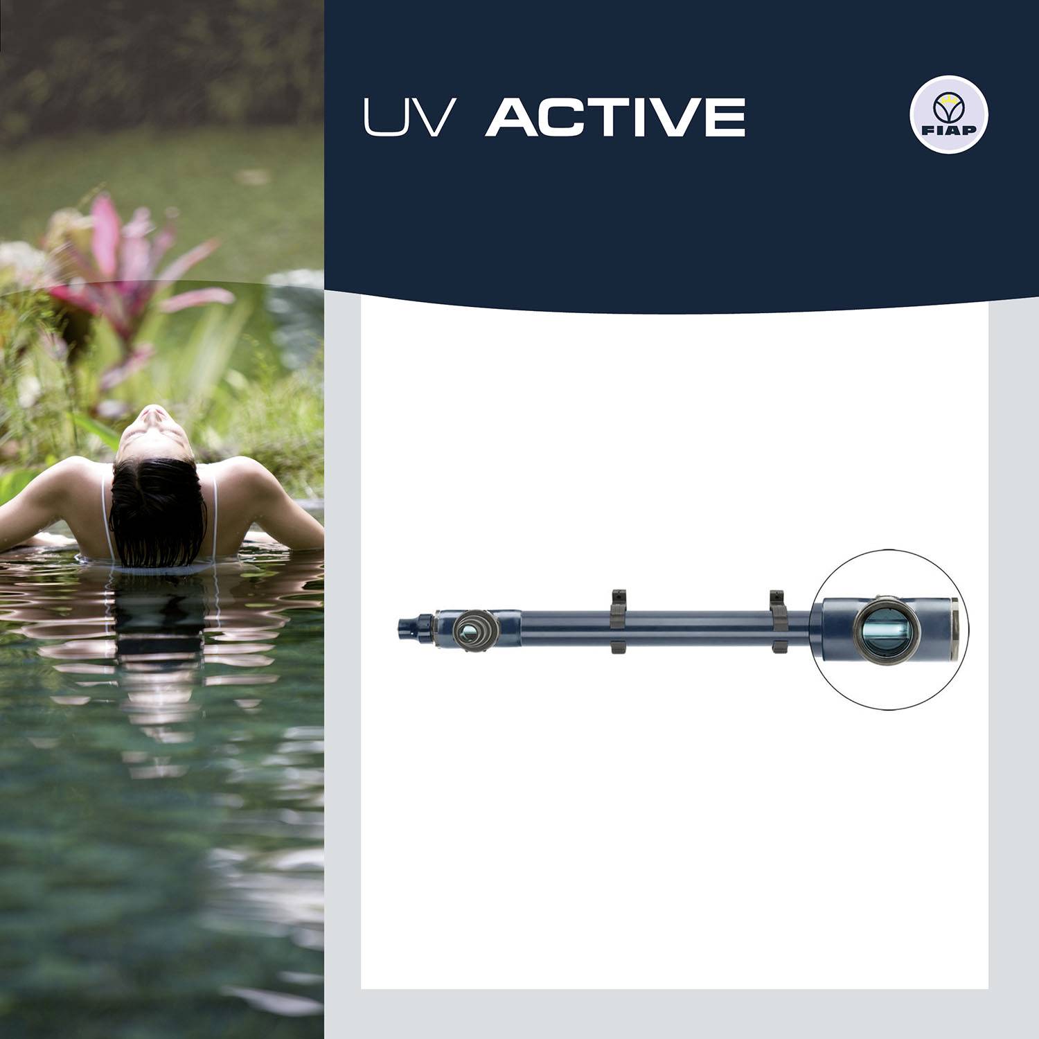 'Effortlessly simple' with pool surroundings on the left side and UV disinfection system on the right side, brand logo at the top.