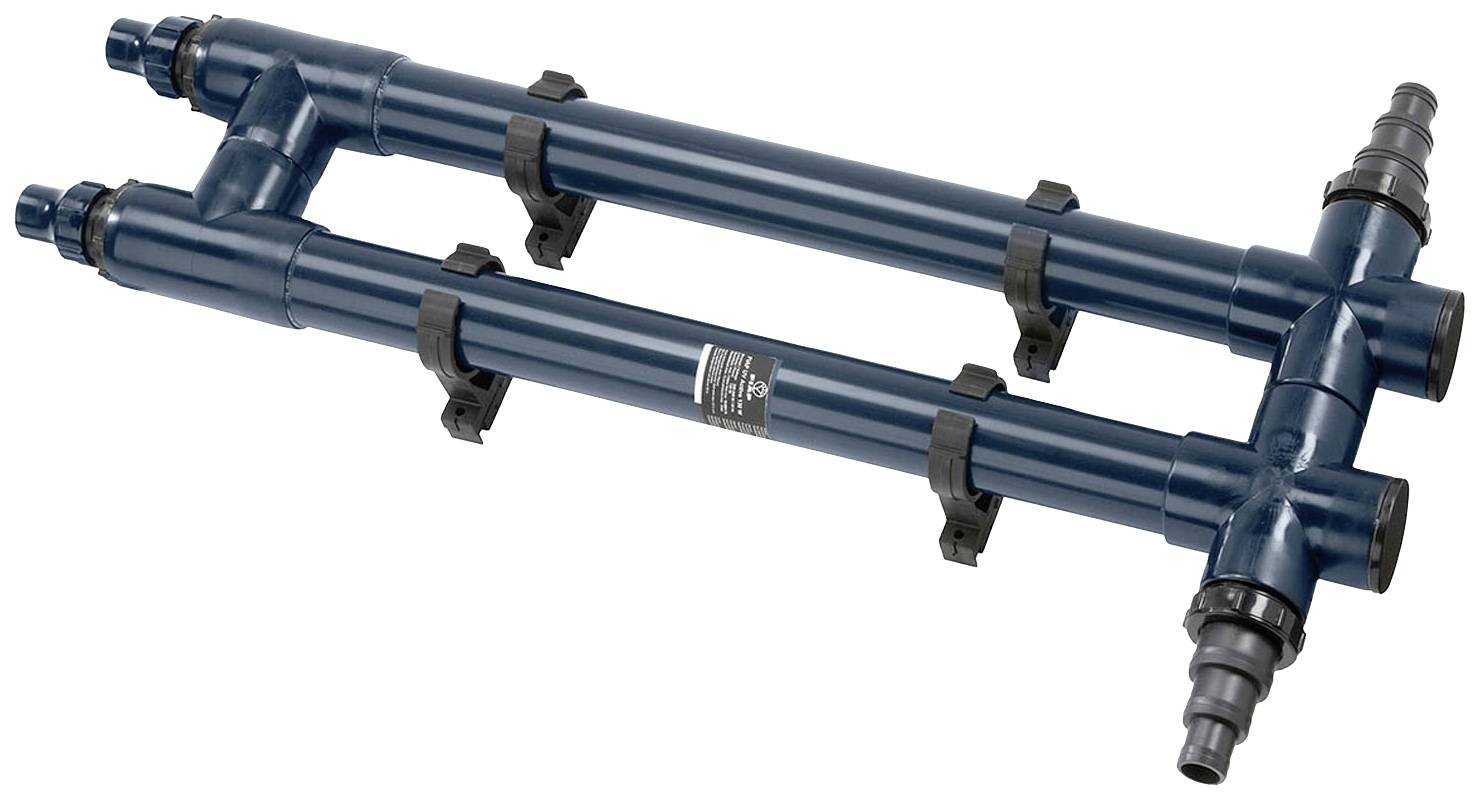 Two parallel, blue pipes with multiple connections in a technical device.