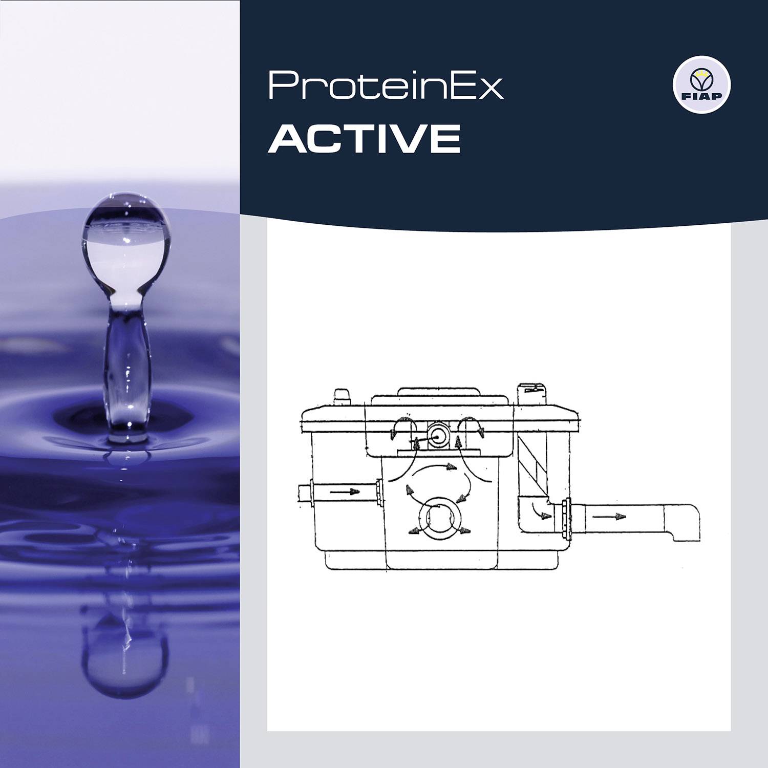 'Microscopic image of a water droplet on a blue background. A technical drawing of a device is positioned on the right side.'