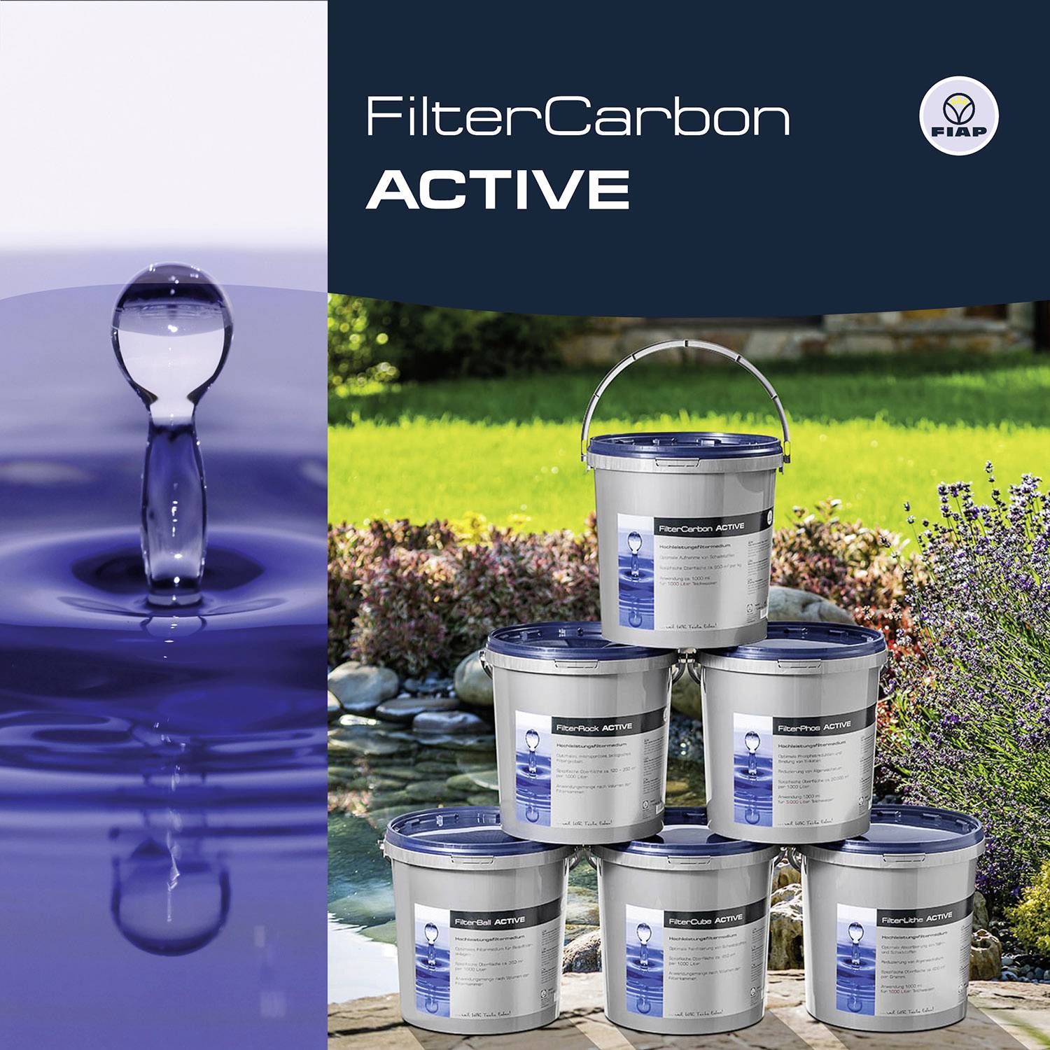 'FilterCarbon ACTIVE' on advertising image with water droplets on the left and four buckets of filter carbon in front of a pond landscape on the right.