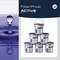 Eight FilterPhos Active buckets, stacked in a formation. A picture of water droplets on the left. A company logo in the top right corner.