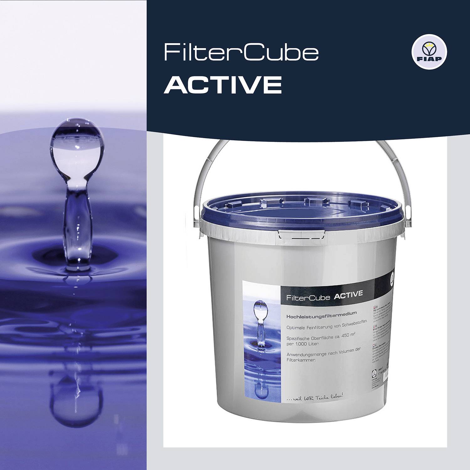 A FilterCube Active bucket with a blue lid. Next to the bucket, an image shows a water droplet landing on a water surface.