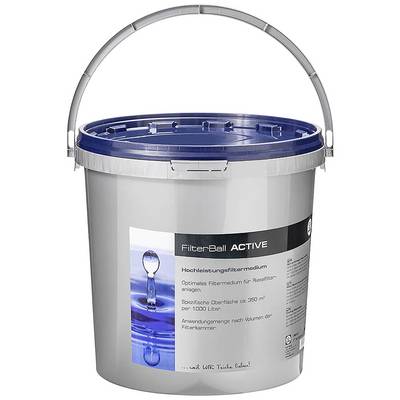 A grey bucket with a blue lid, labelled 'FilterBall ACTIVE', contains high-performance filter medium for pool cleaning.