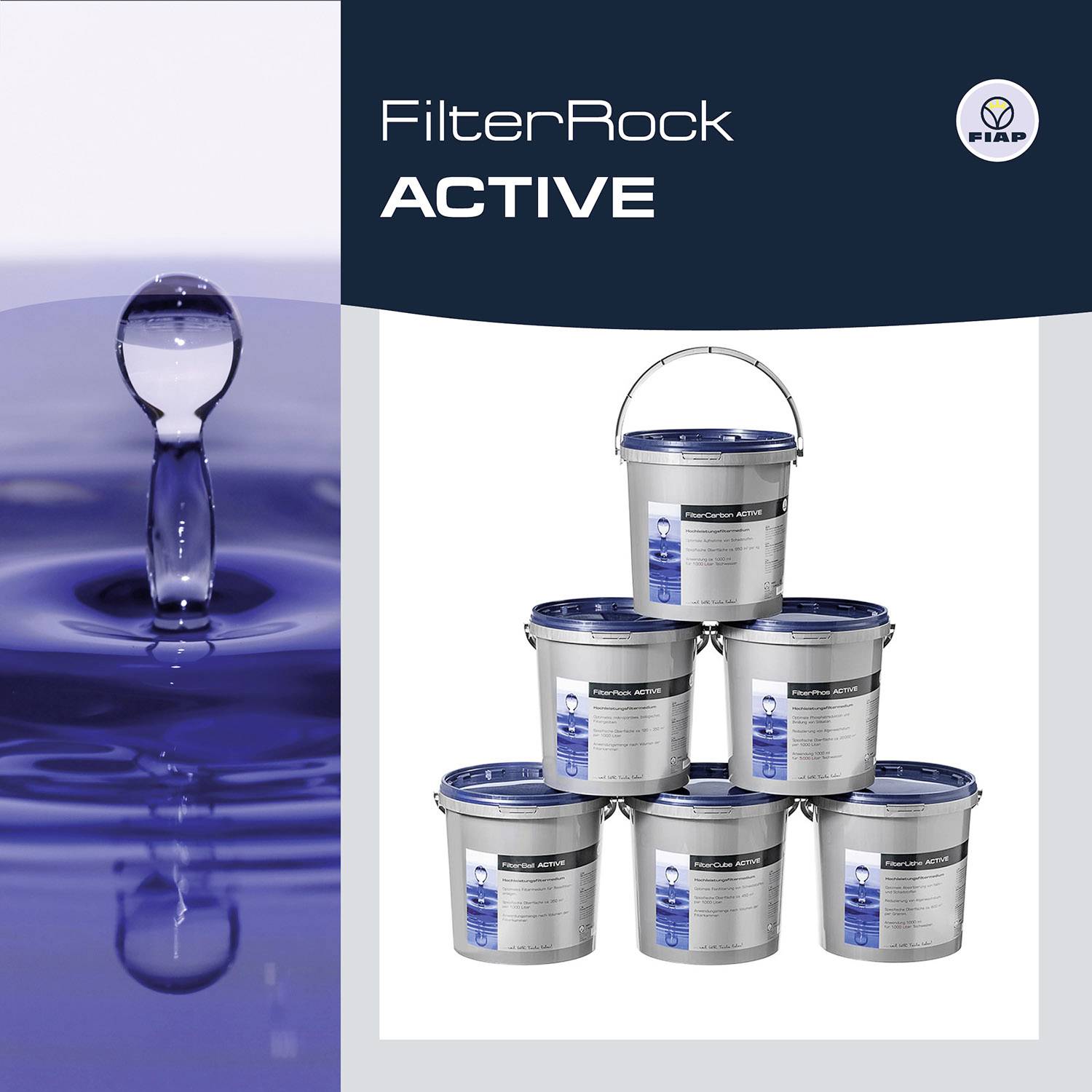 'FilterRock Active' next to six stacked paint buckets. On the left, an image of a water droplet on impact.