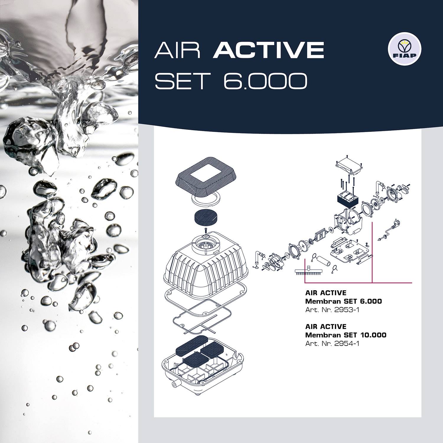 'Air Active Set 6,000' in large letters. A diagram of the membrane set on the right side. Water splashes up on the left, company logo in the top right.