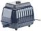 A dark blue air compressor with a nozzle and power cable, positioned on a flat surface.