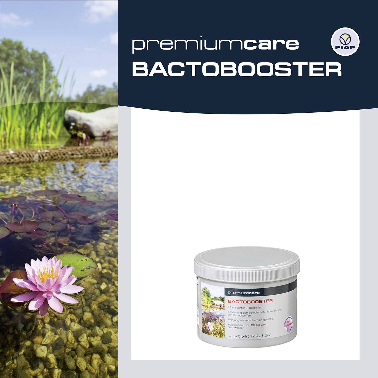 A pond with a flowering water lily and stone birds. On the right, a pack of 'premiumcare bactobooster', a water care product.