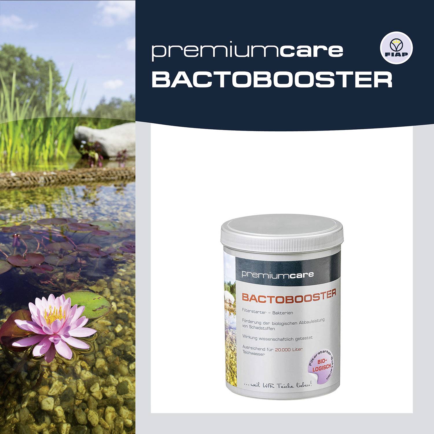 'Title: Premium Care BactoBooster. Product for Water Purification. Container beside Pond with Water Lily and Pine Wood Grain.'