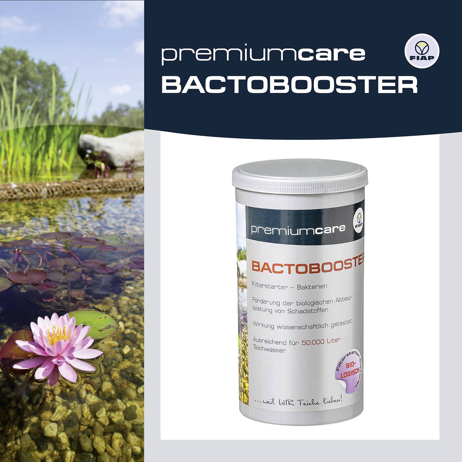 A tin of 'premium care BACTOBOOSTER' stands next to a pond section with plants, promoted for water care and against bacteria.