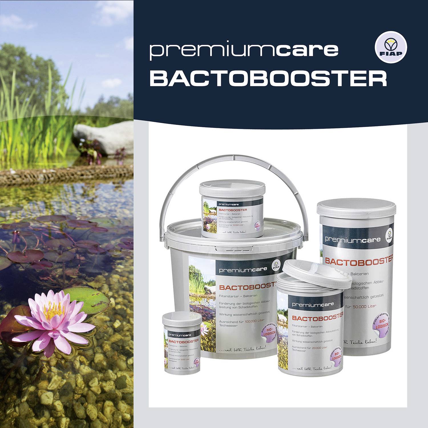 The image composition displays various products from the 'premiumcare BACTOBOOSTER' brand in front of a pond with water lilies.
