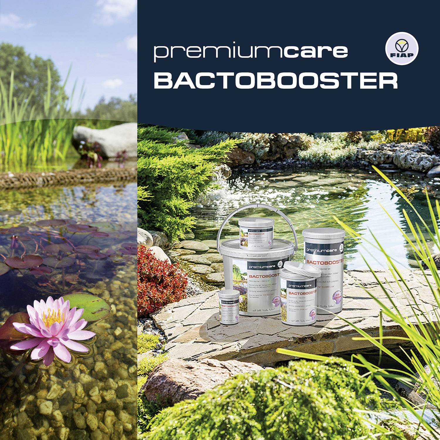 A pond with plants, water lilies, and a small stone platform on which several 'PremiumCare Bactobooster' products are placed.