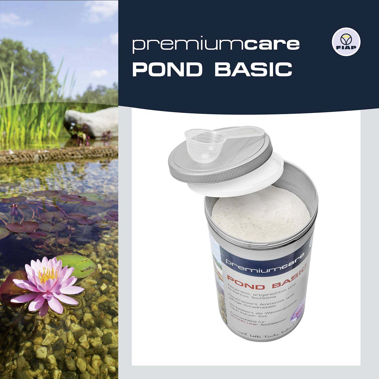 'Pond Basic' pond care product in the foreground with a flowering pond in the background. Product in a white container with a grey lid.