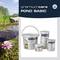 Container of product 'premiumcare POND BASIC' in front of a pond with water lilies. Product for pond care.