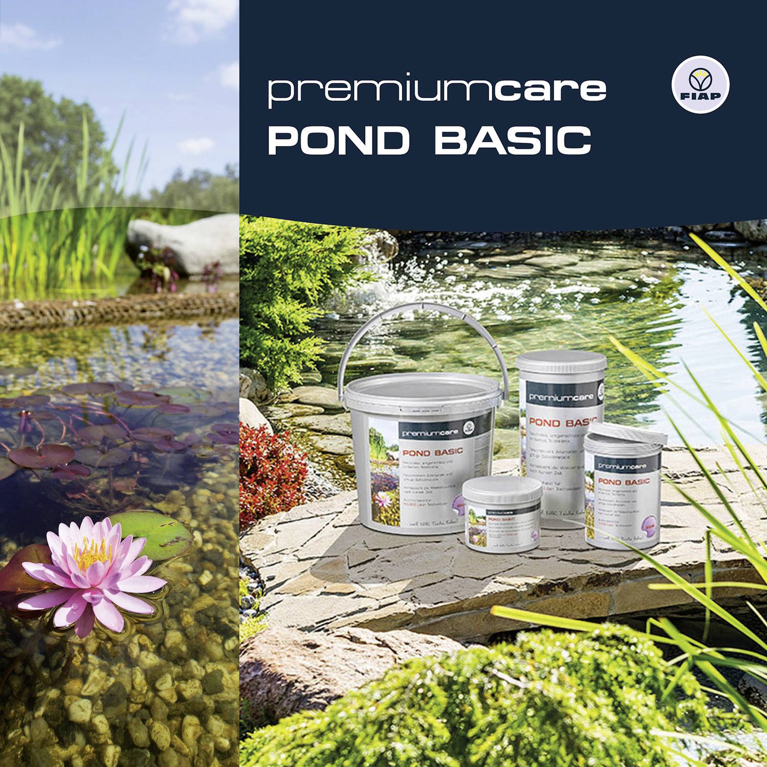 'A selection of Premiumcare products for ponds next to a water lily pond, framed by plants and stones, pictured.'