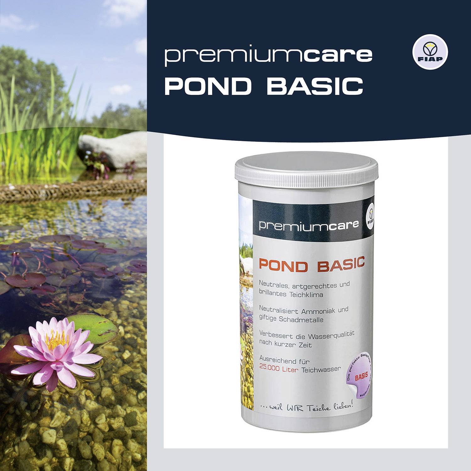 Links: 'premiumcare POND BASIC' dose placed on a table. Right: Pond with plants. Text emphasises water quality and pond maintenance.