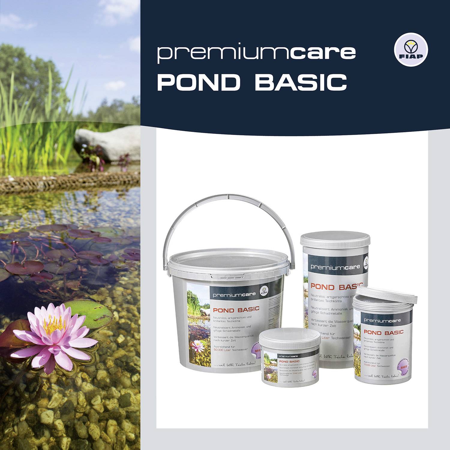 'Three containers with PremiumCare product POND BASIC from FIAP. In the background, a pond with water lilies and grass.'