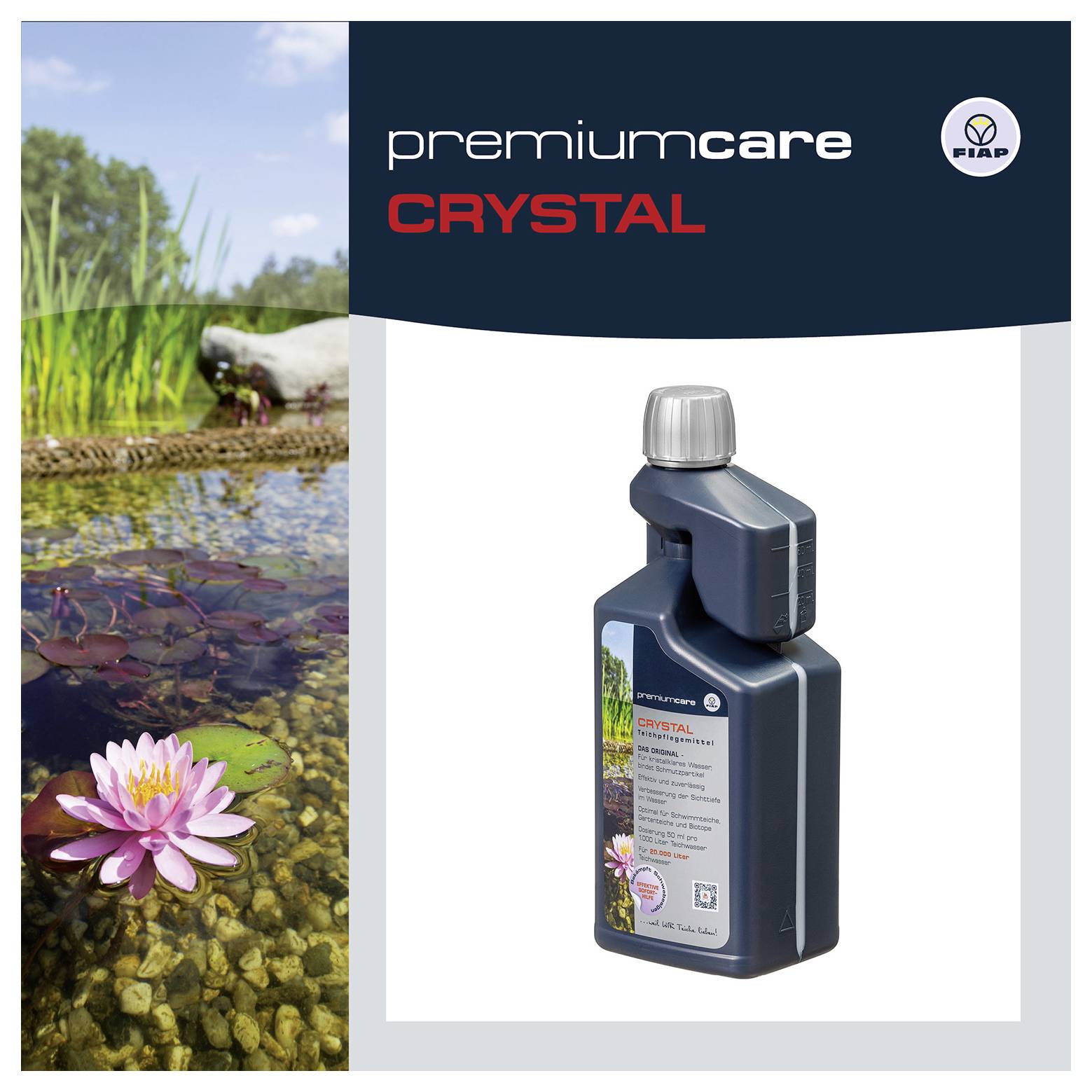 PremiumCare Crystal aquatic treatment bottle beside a pond with water lilies, showing the product for pond water care.