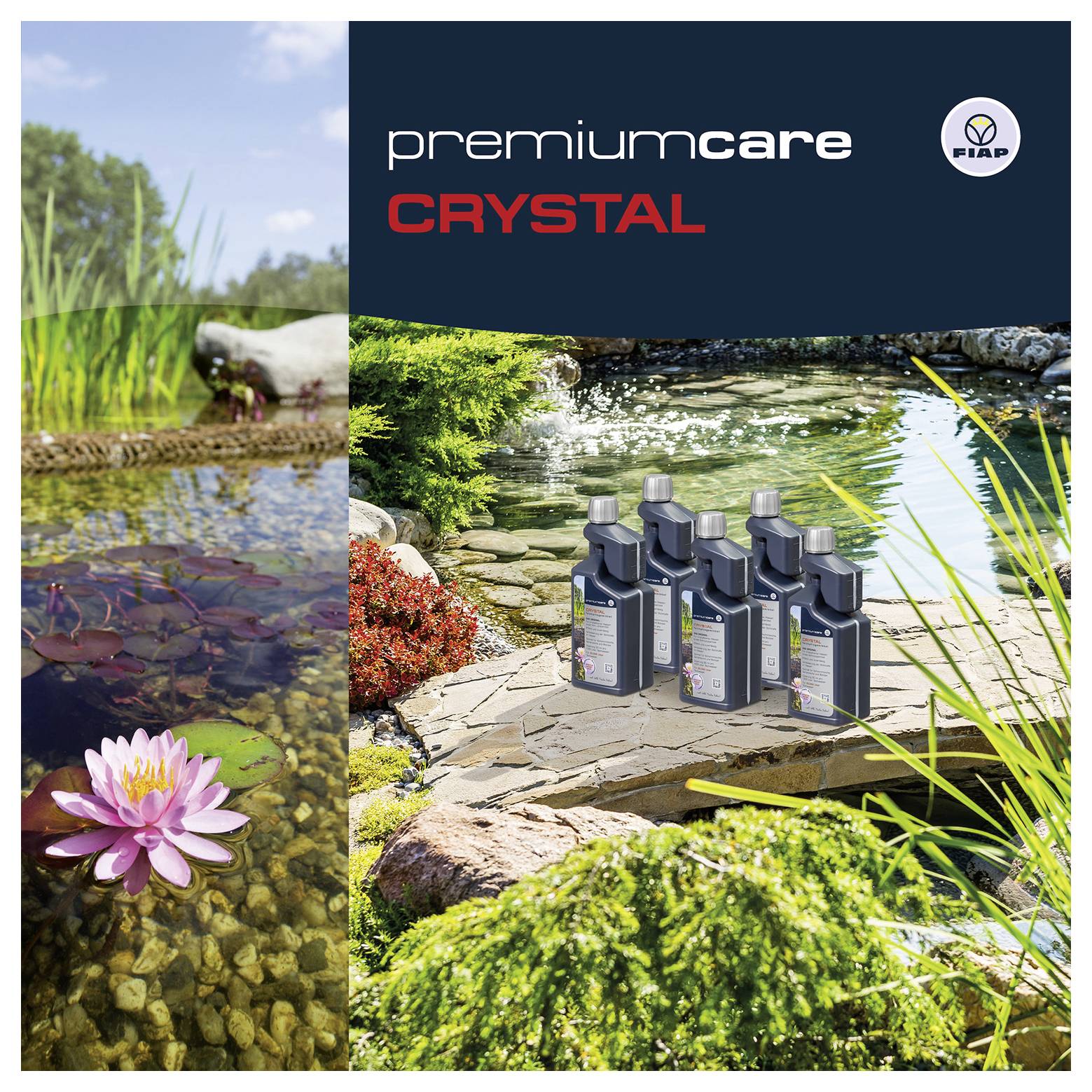 Promotional image for 'premiumn care CRYSTAL' showing several product bottles beside a garden pond with water lilies and greenery, with Fiap logo.<br>